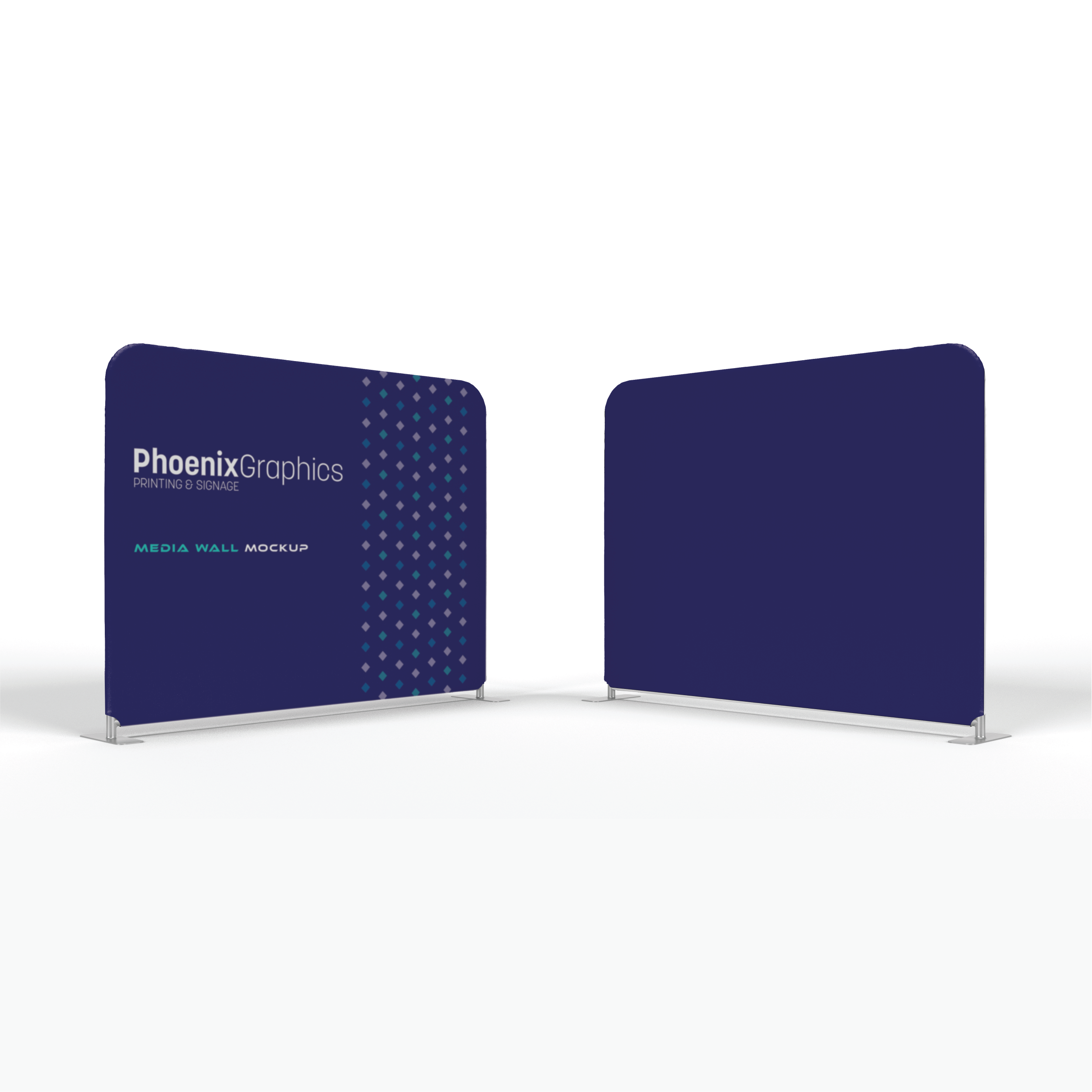 Two blue media wall panels with 'Phoenix Graphics' branding on a white background