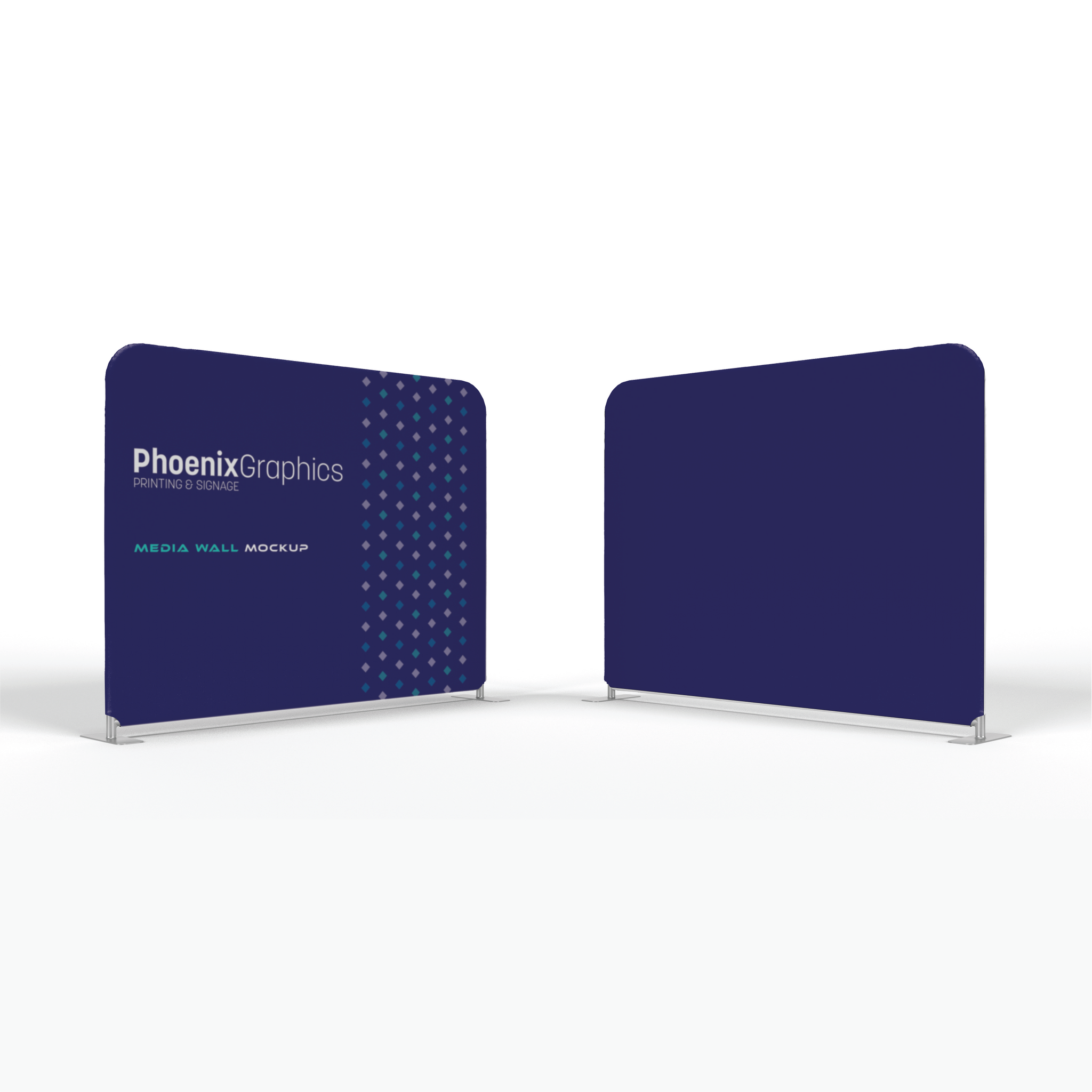 Two blue media wall panels with 'Phoenix Graphics' branding on a white background