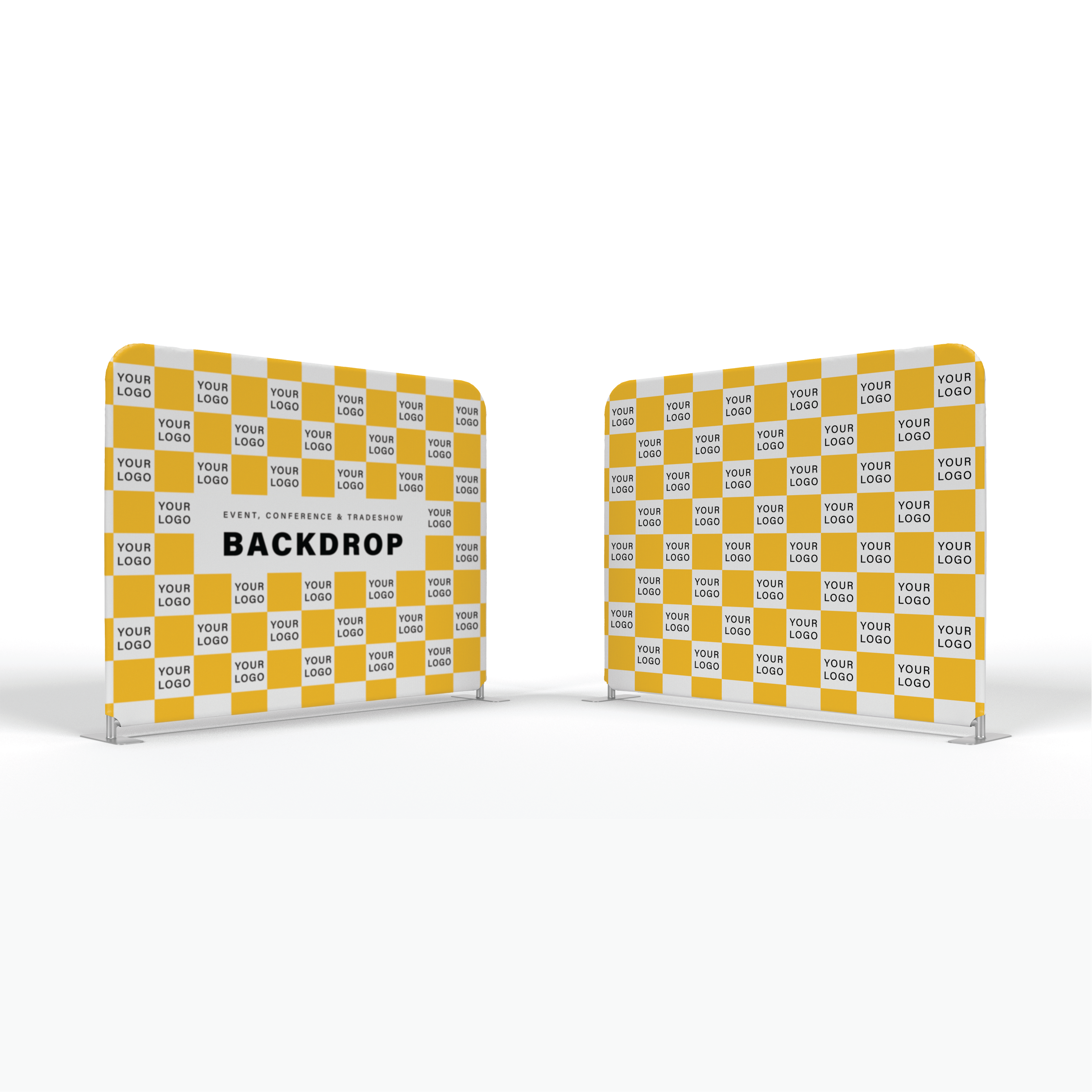 Two yellow and white checkered backdrop panels with customizable branding on a white background.