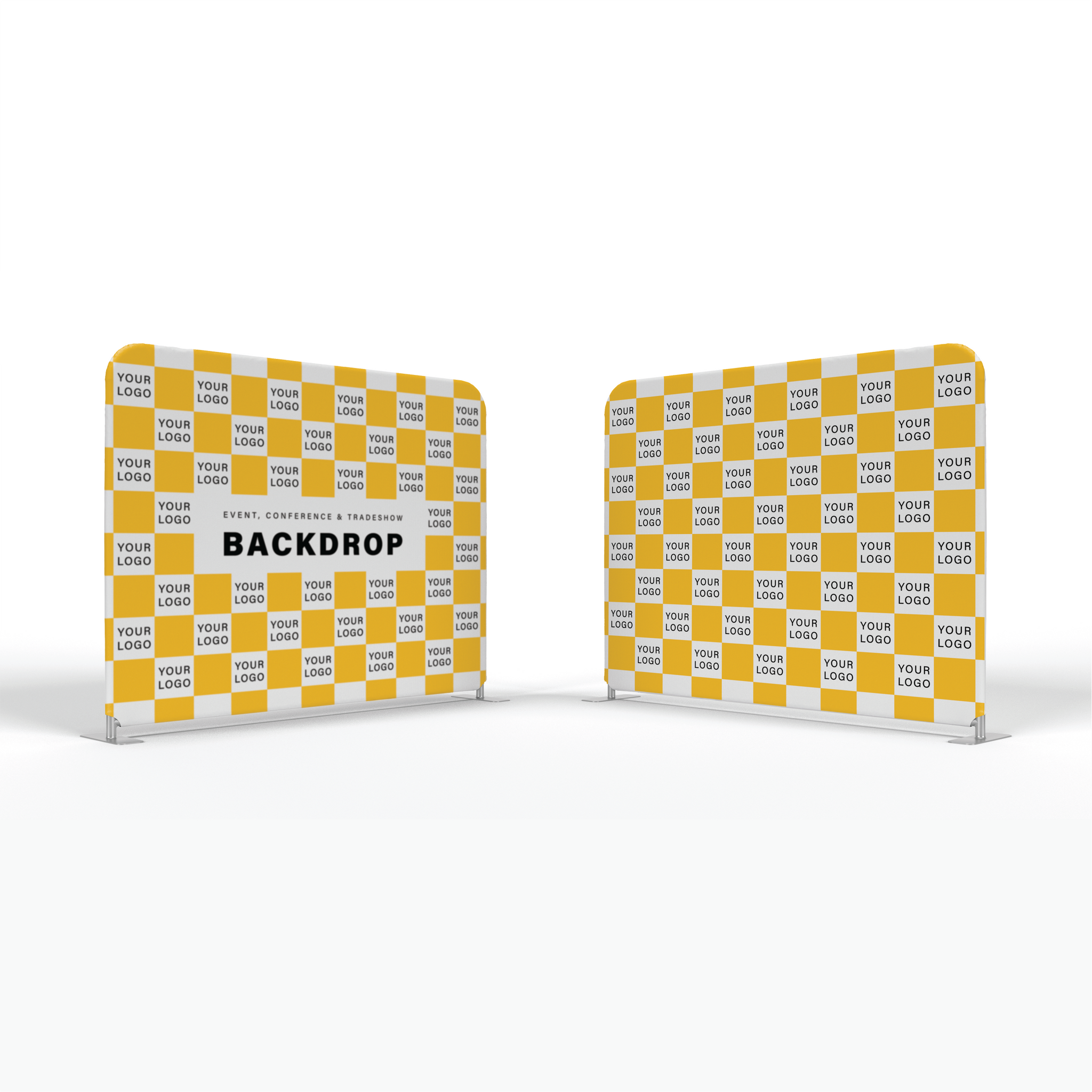 Two yellow and white checkered backdrop panels with customizable branding on a white background.