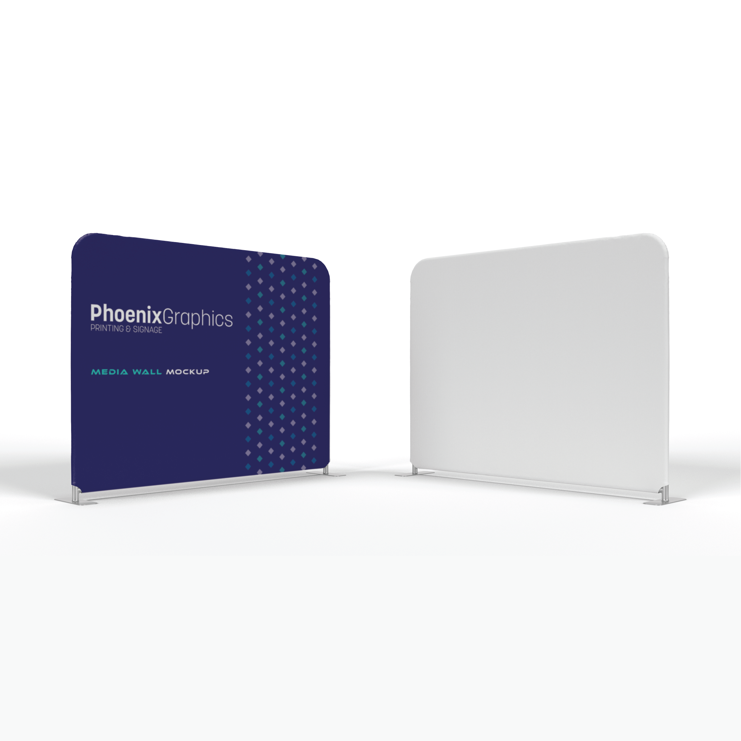 Blue media wall mockup with 'Phoenix Graphics' branding on a white background