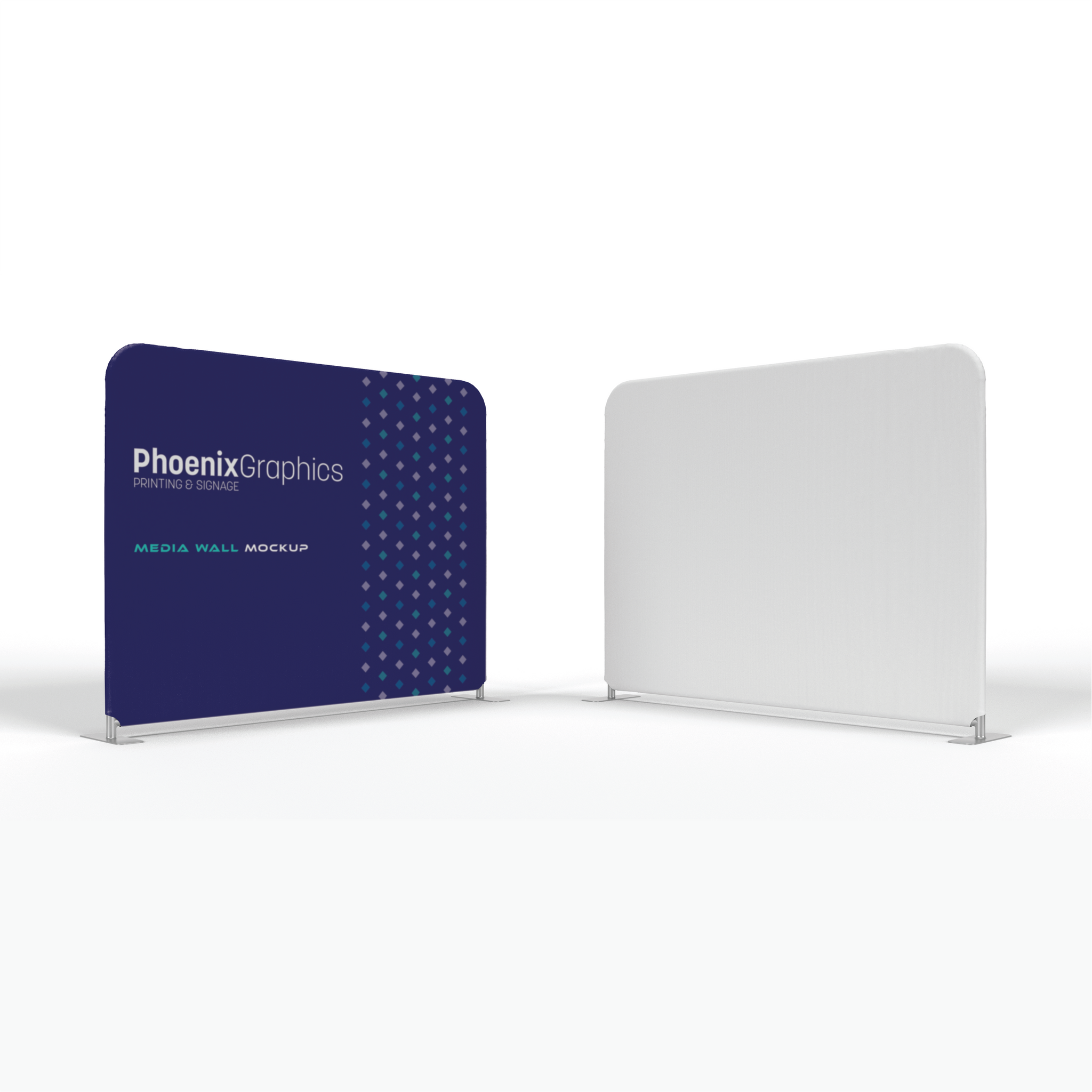 Blue media wall mockup with 'Phoenix Graphics' branding on a white background