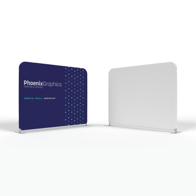 Blue media wall mockup with 'Phoenix Graphics' branding on a white background