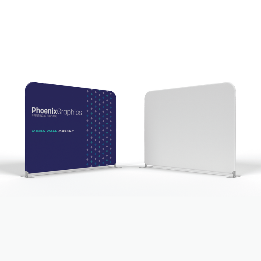 Blue media wall mockup with 'Phoenix Graphics' branding on a white background