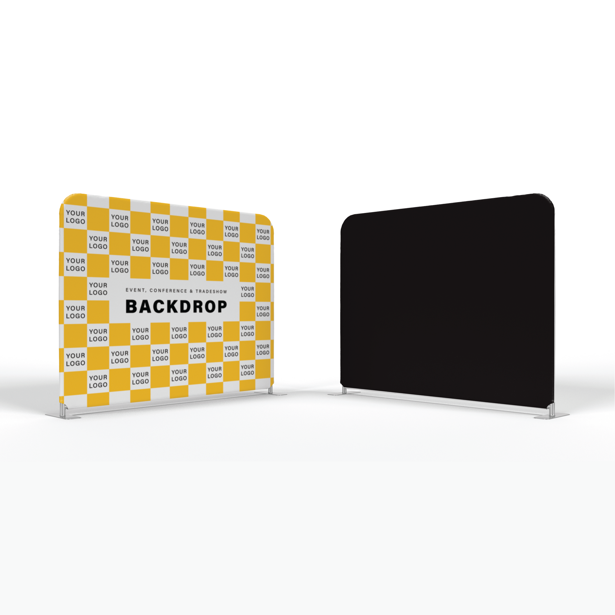 Yellow and white checkered backdrop with a black solid backdrop on a white background