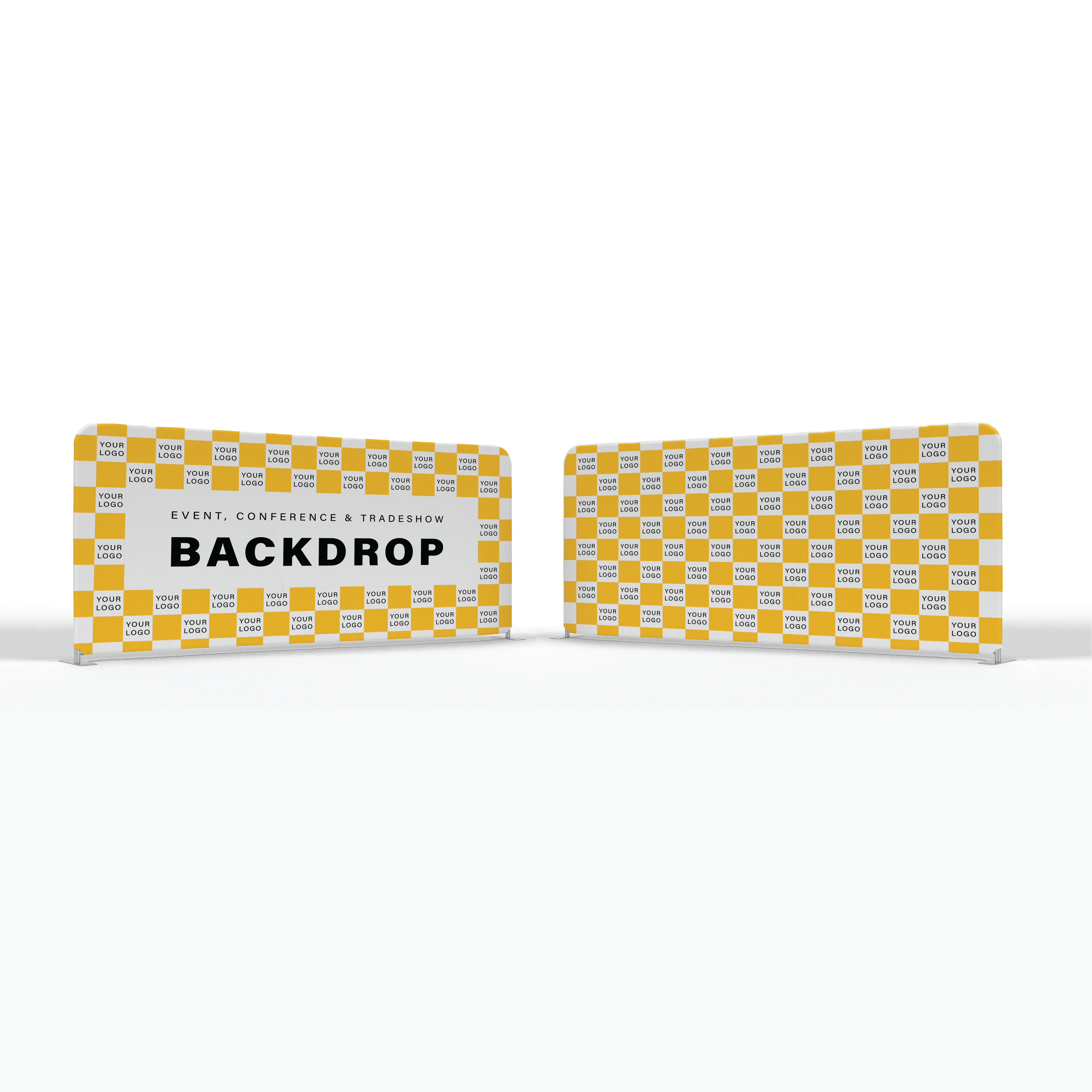Two yellow and white checkered backdrop panels with text on a white background