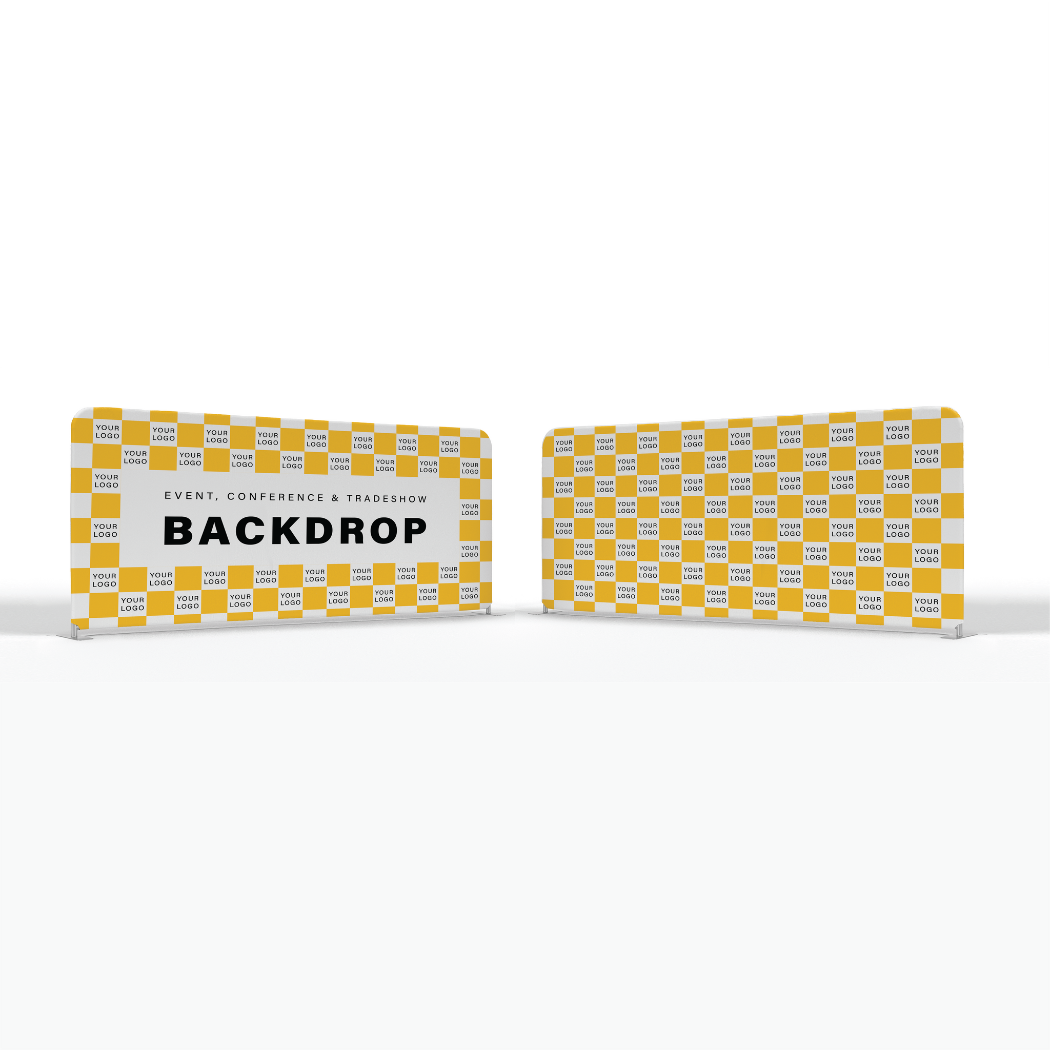 Two yellow and white checkered backdrop panels with text on a white background