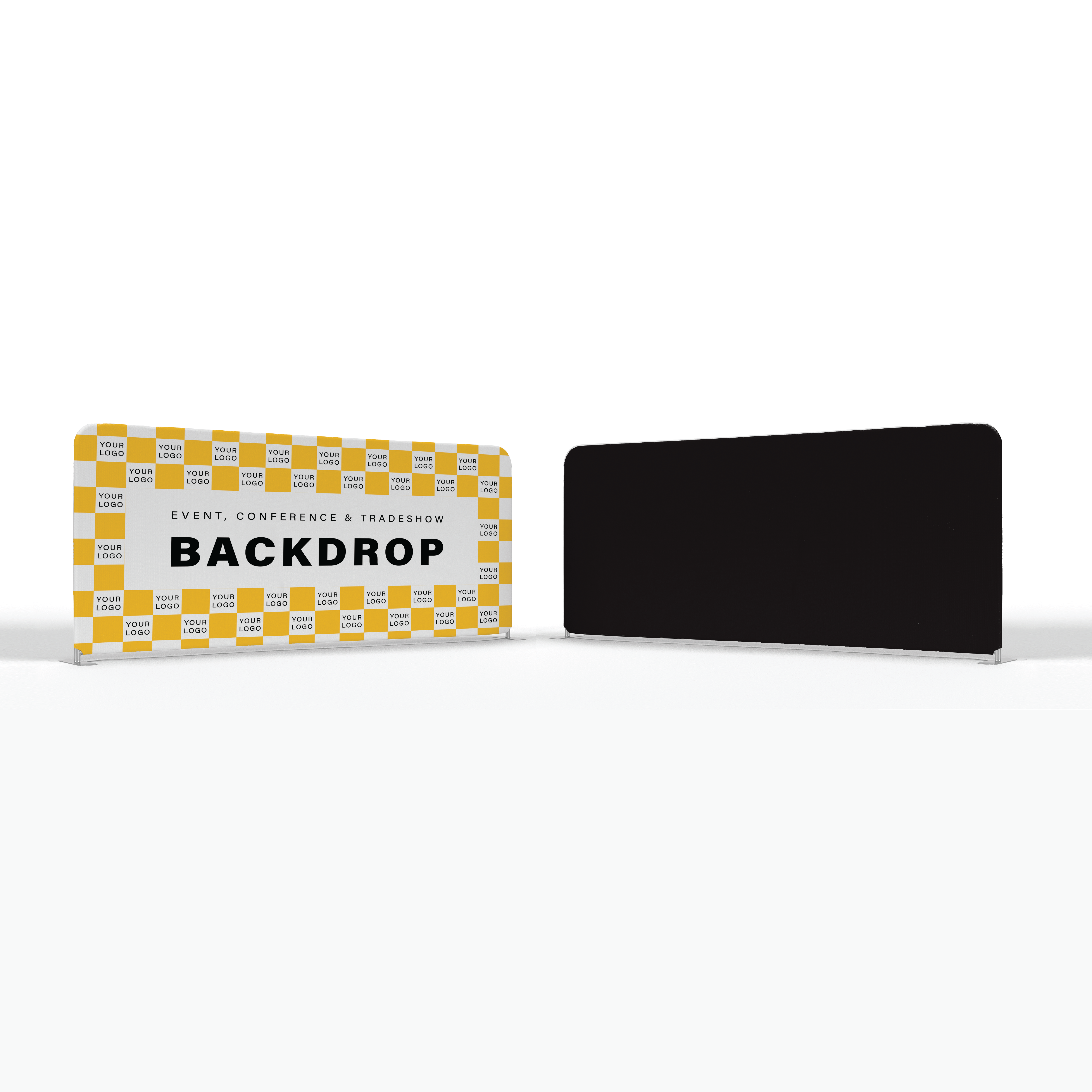 Checkered backdrop packaging with a black backdrop on a white background