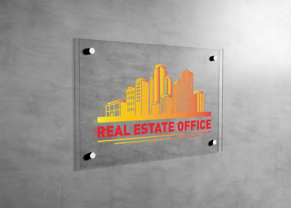 Glass sign with a real estate office design on a gray wall