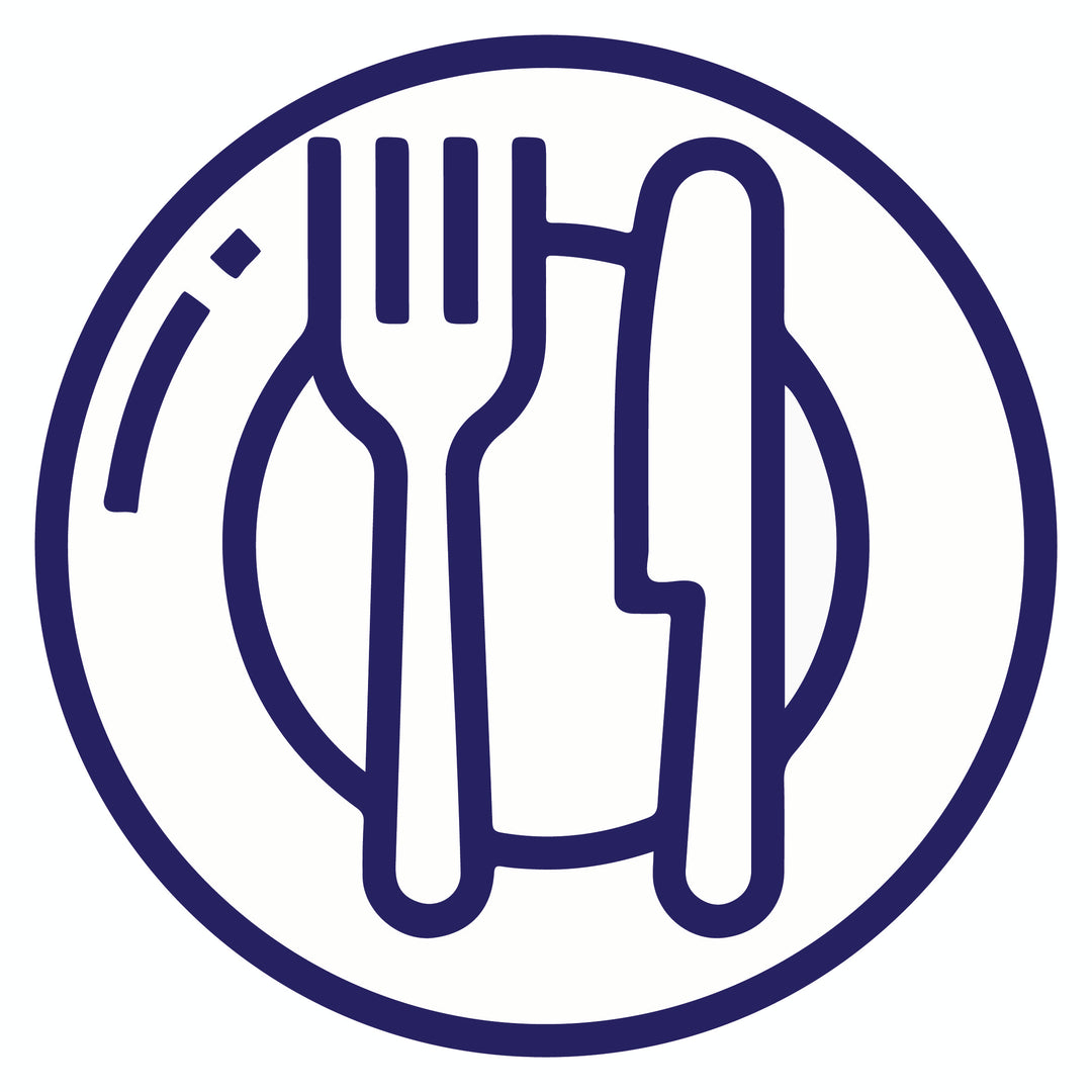 Blue icon of a fork and knife inside a circle on a white background