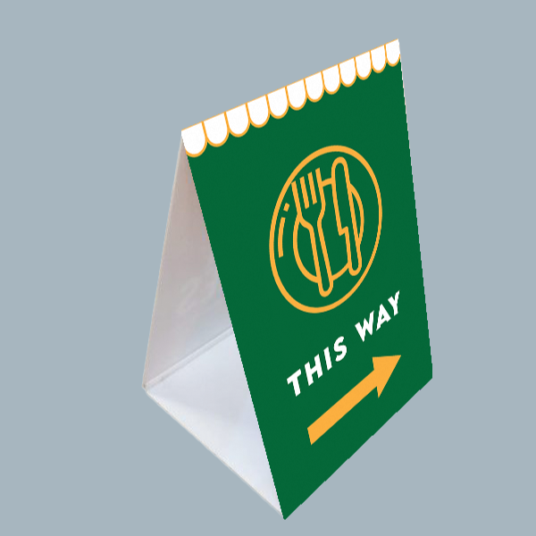 The Corflute A-Frames feature a green table sign with a yellow plate, fork, and knife icon above 