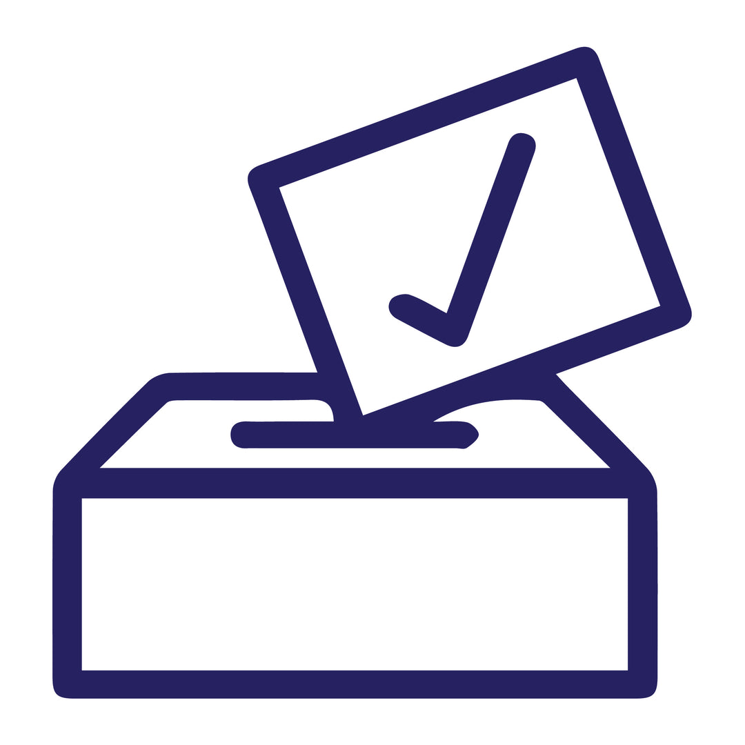 Blue icon of a ballot box with a check mark on a white background