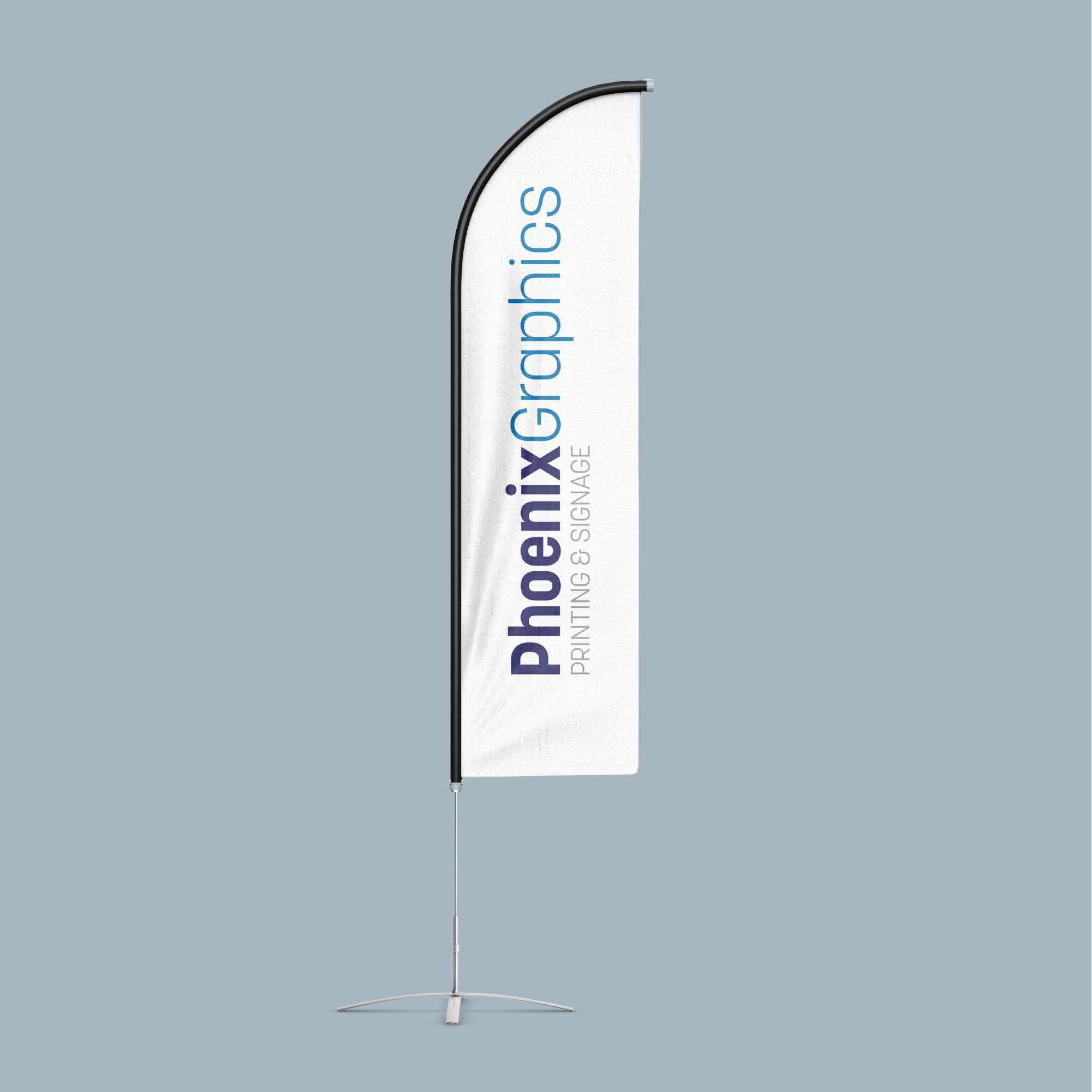 Phoenix Graphics feather flag on a gray background