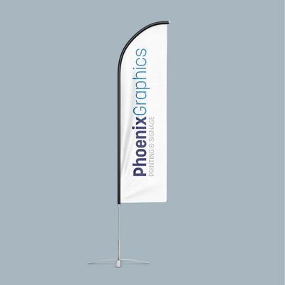 Phoenix Graphics feather flag on a gray background