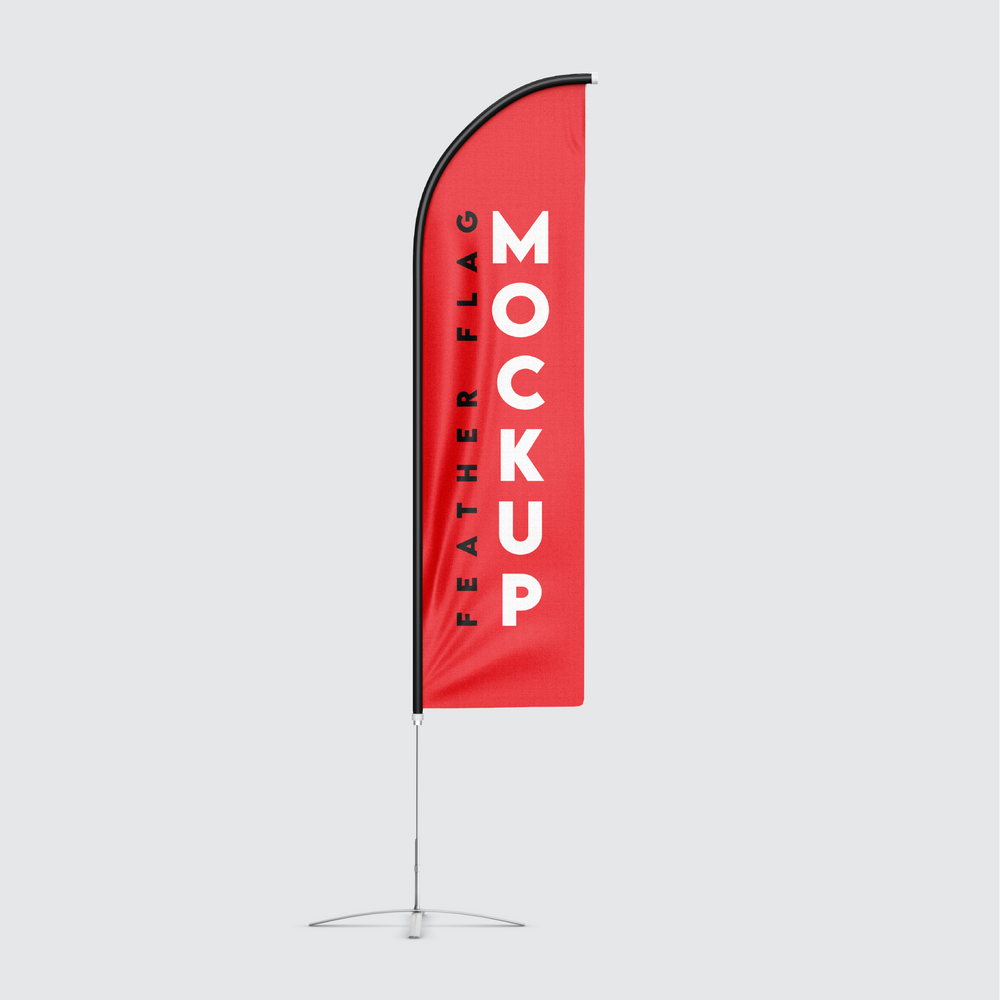 Red feather flag mockup with 'Feather Flag Mockup' text on a gray background