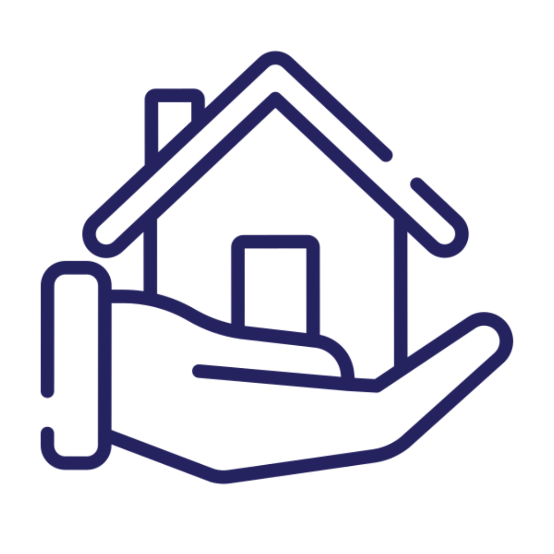 Icon of a hand holding a house, symbolizing home ownership or housing.