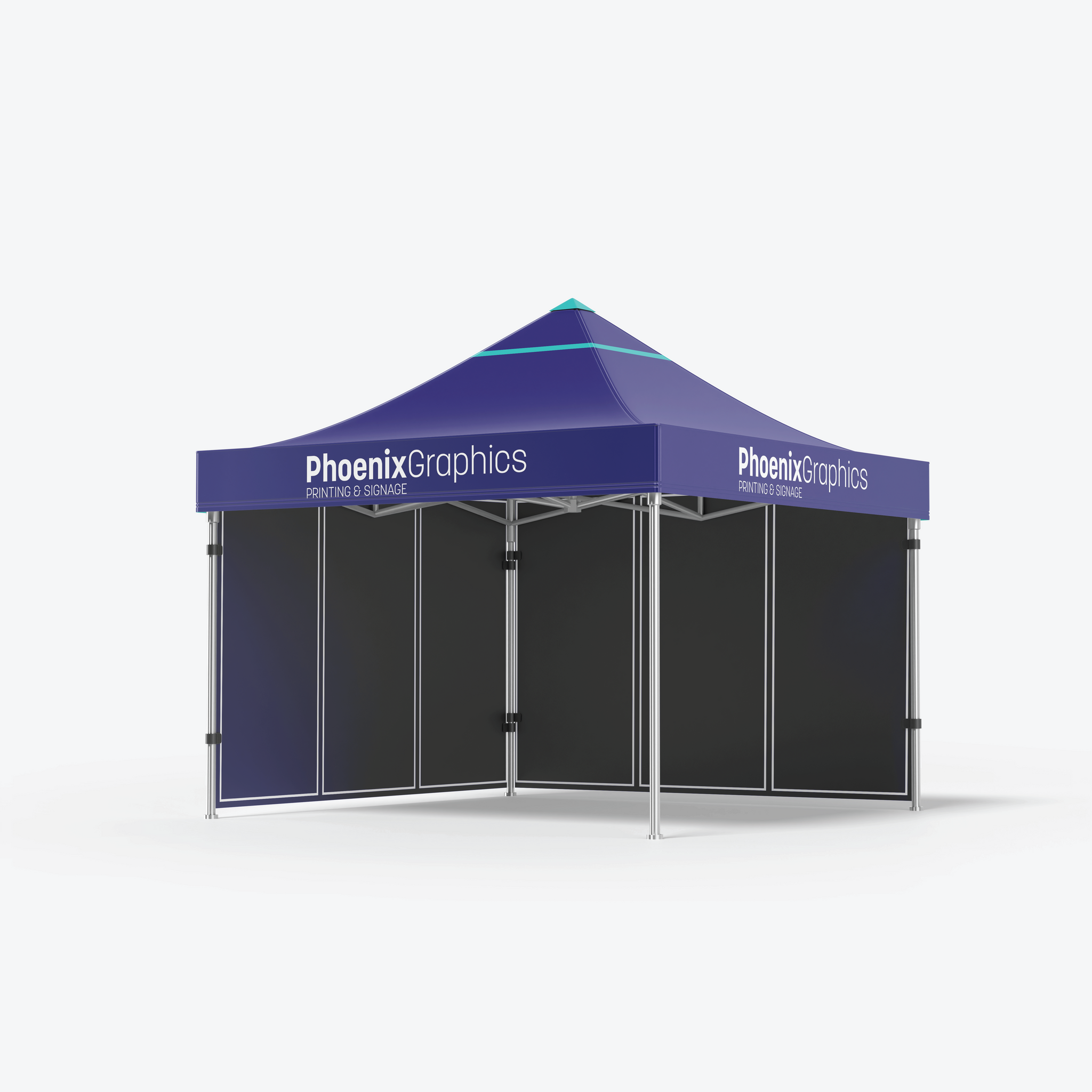 A blue Marquee with Phoenix Graphics Printing & Signage branding on the canopy, silver frame supports, and black fabric side panels is set up against a plain light background.