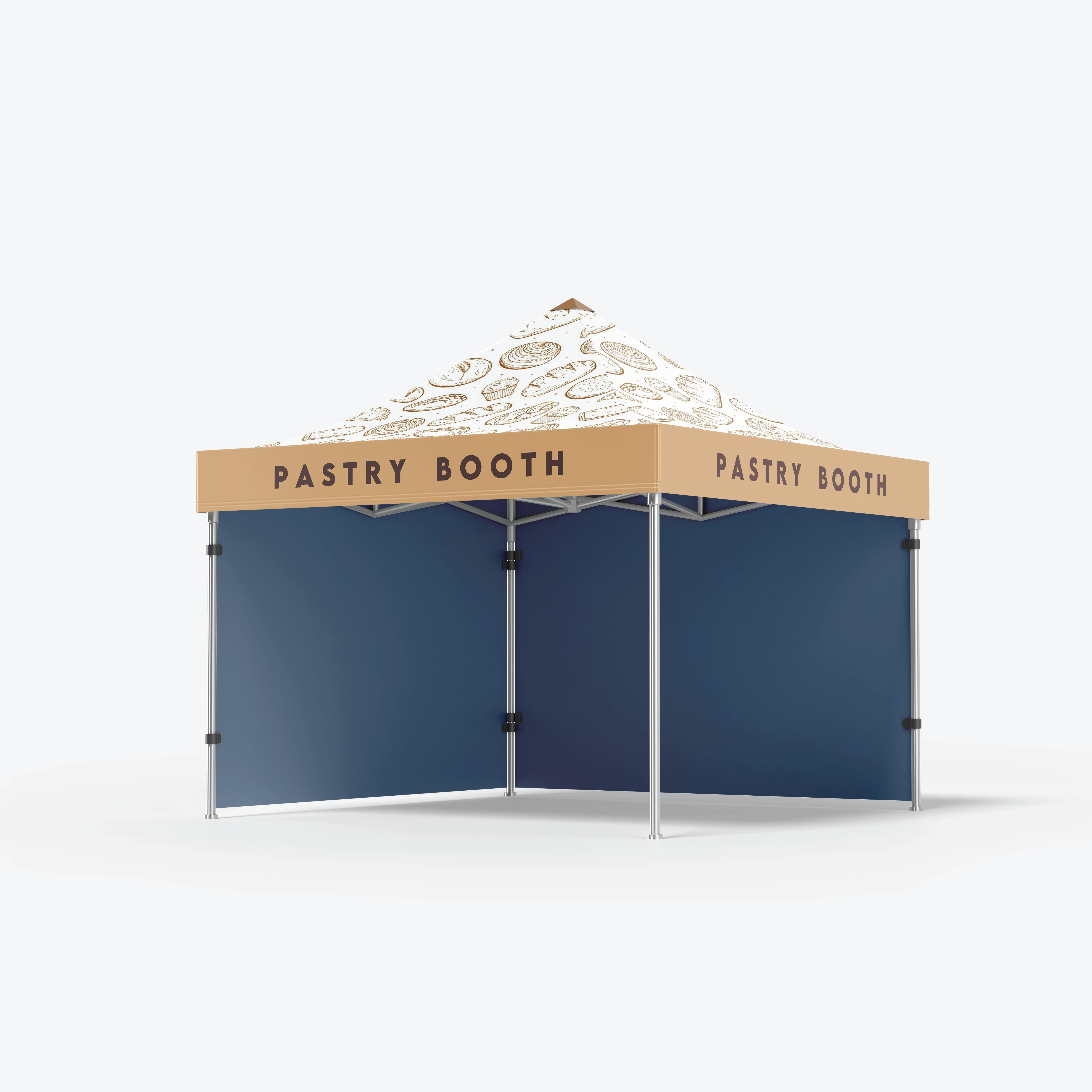 A Marquees pop-up canopy labeled PASTRY BOOTH, with a light brown and cream top featuring pastry illustrations and two solid navy blue side panels—ideal for events needing custom branded marquees or printed canopies.