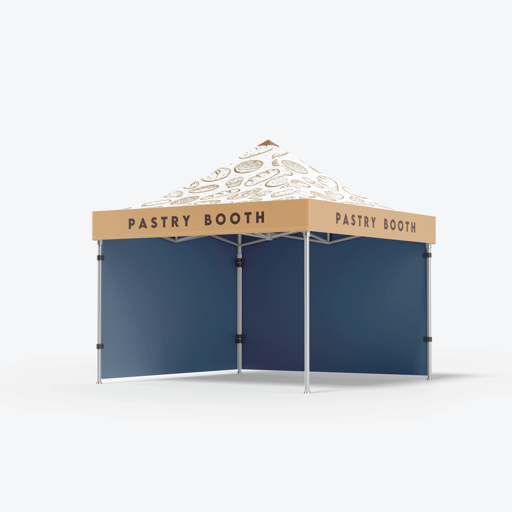 A Marquees pop-up canopy labeled PASTRY BOOTH, with a light brown and cream top featuring pastry illustrations and two solid navy blue side panels—ideal for events needing custom branded marquees or printed canopies.