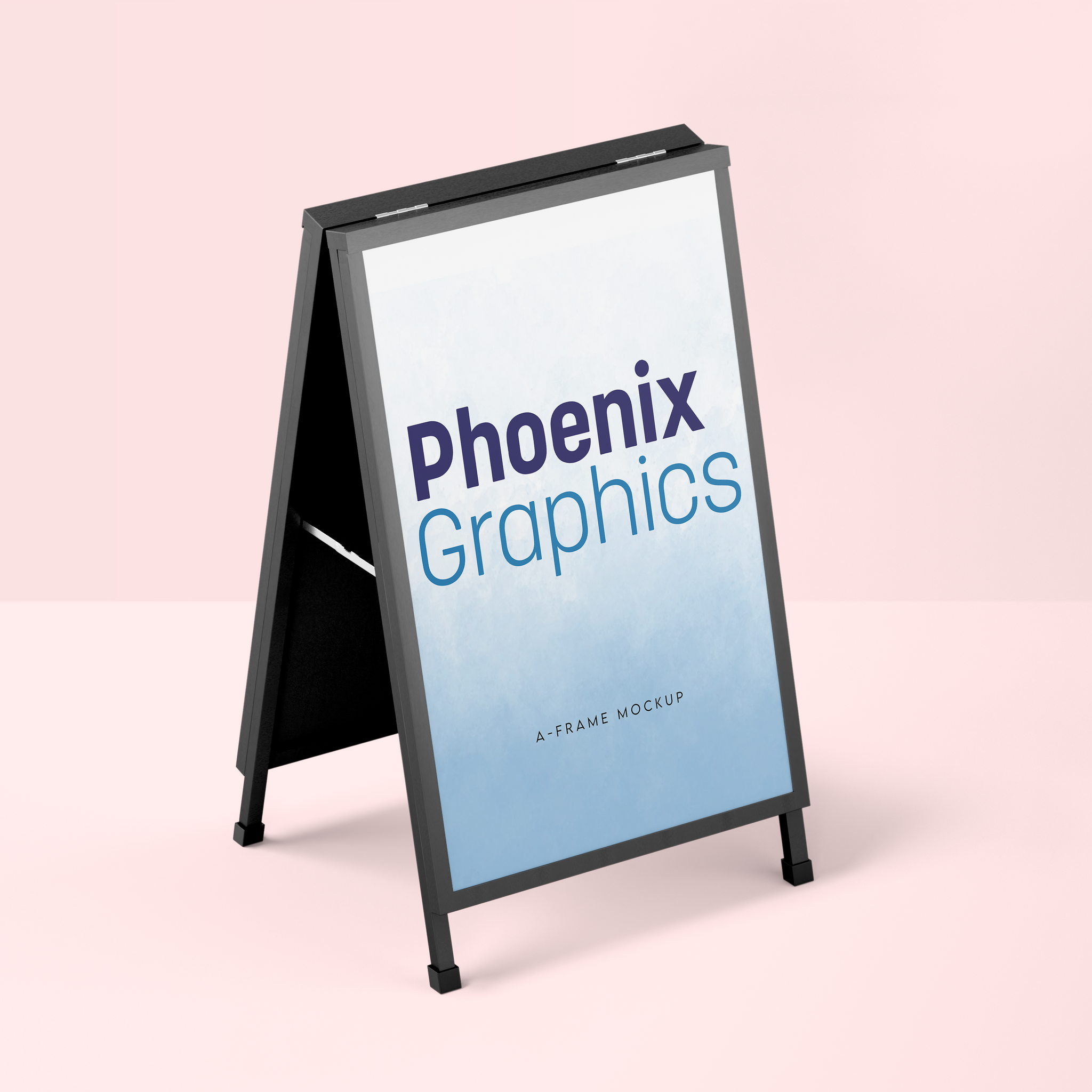 A-frame sign with 'Phoenix Graphics' on a pink background