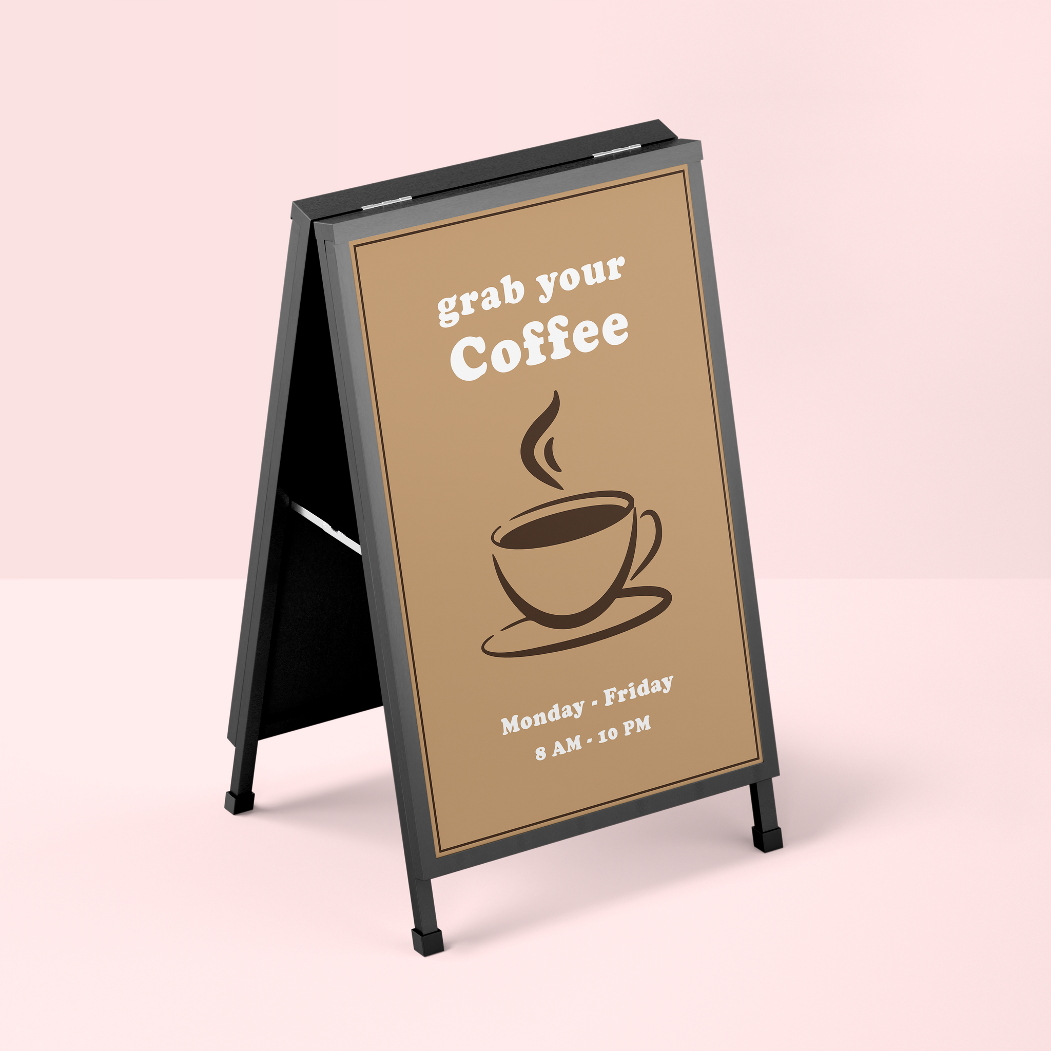 A-frame sign with coffee cup graphic and text on a pink background