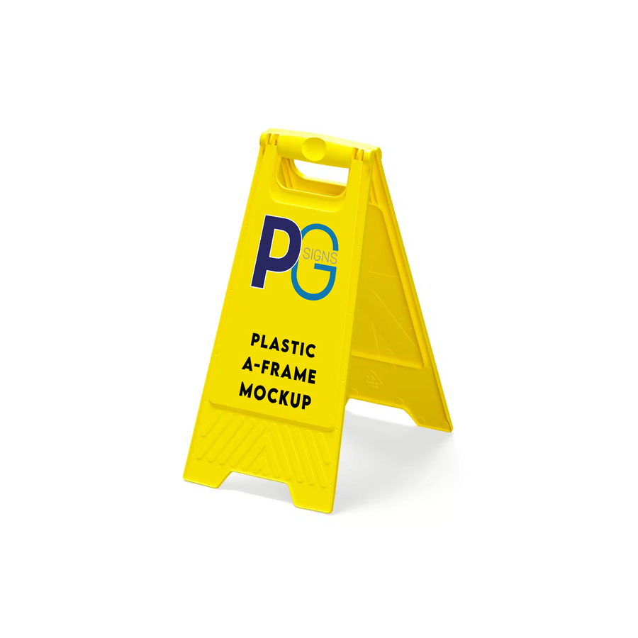 Yellow plastic a-frame sign with PG logo on a white background
