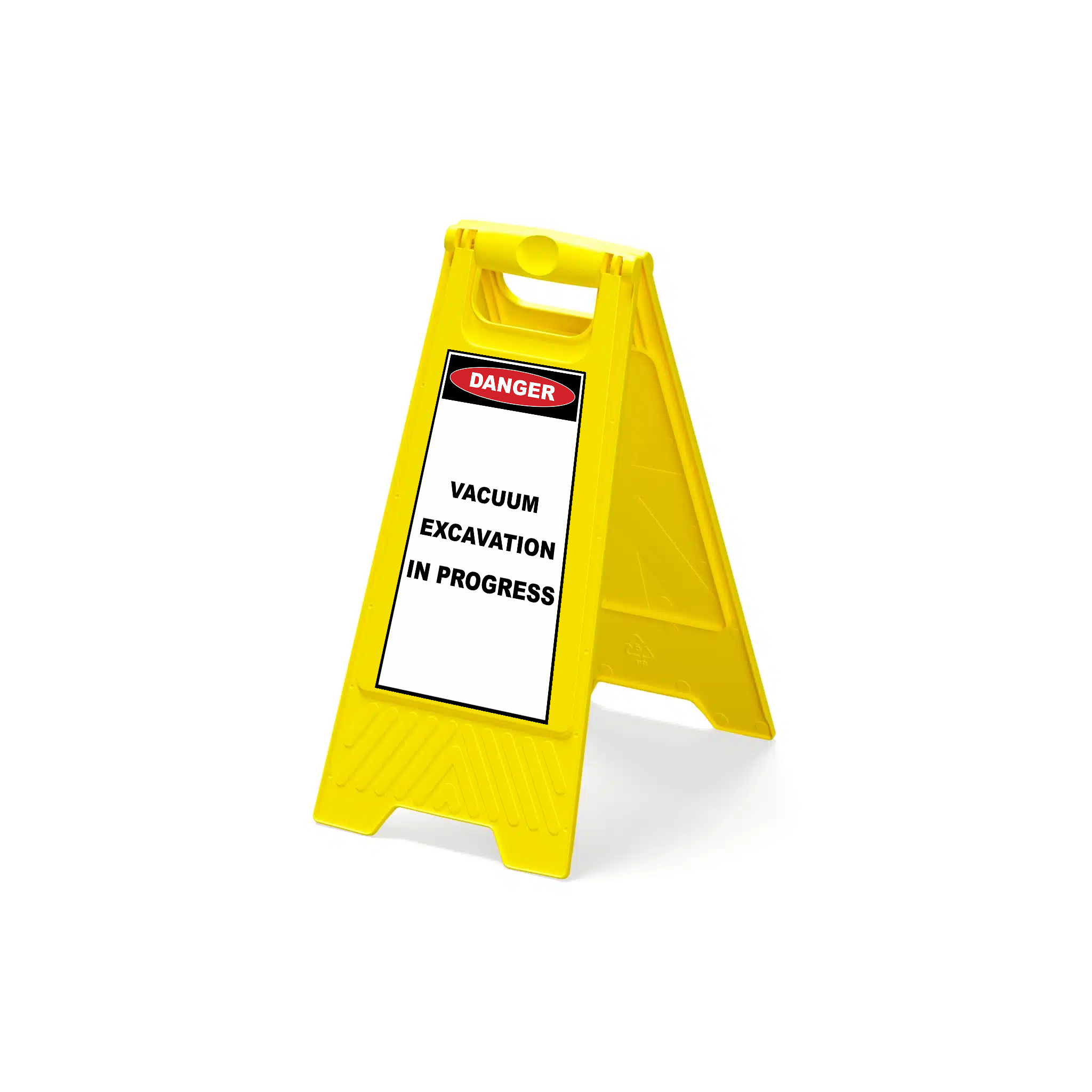 Yellow warning sign with text 'Danger: Vacuum Excavation in Progress' on a white background