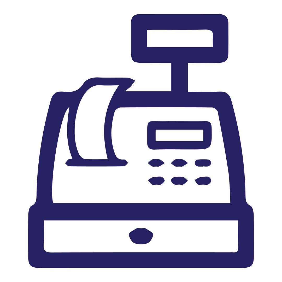 Blue outline of a cash register on a white background