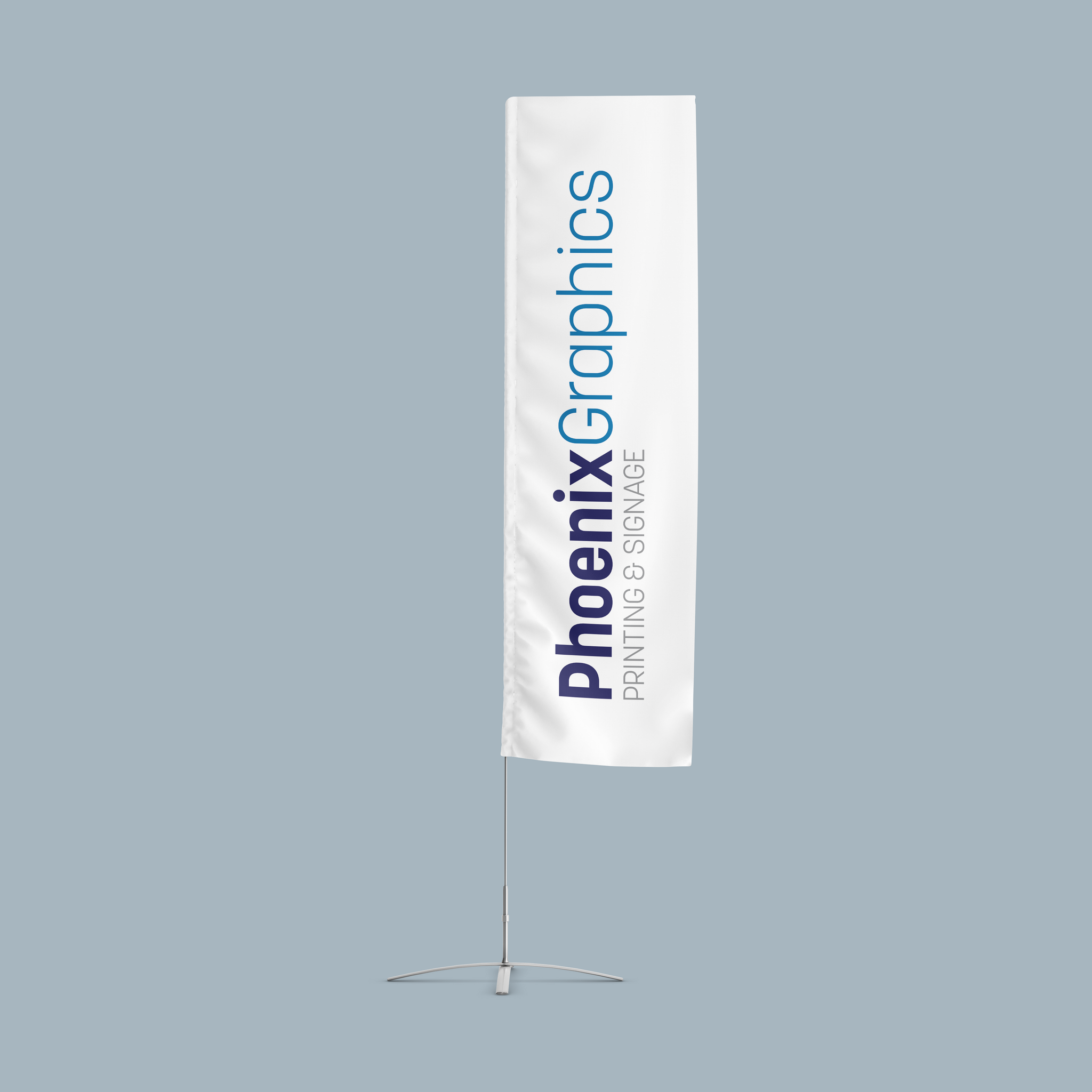 A vertical white Rectangle Flag with PhoenixGraphics PRINTING & SIGNAGE in blue, purple, and gray on a metal base against a plain light gray background—perfect for shopfront displays and promotional use.