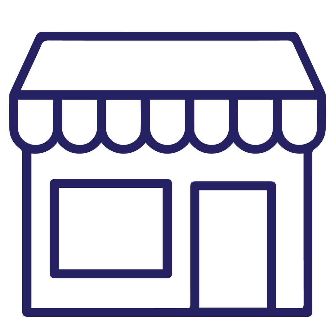 Blue outline of a store front with an awning on a white background