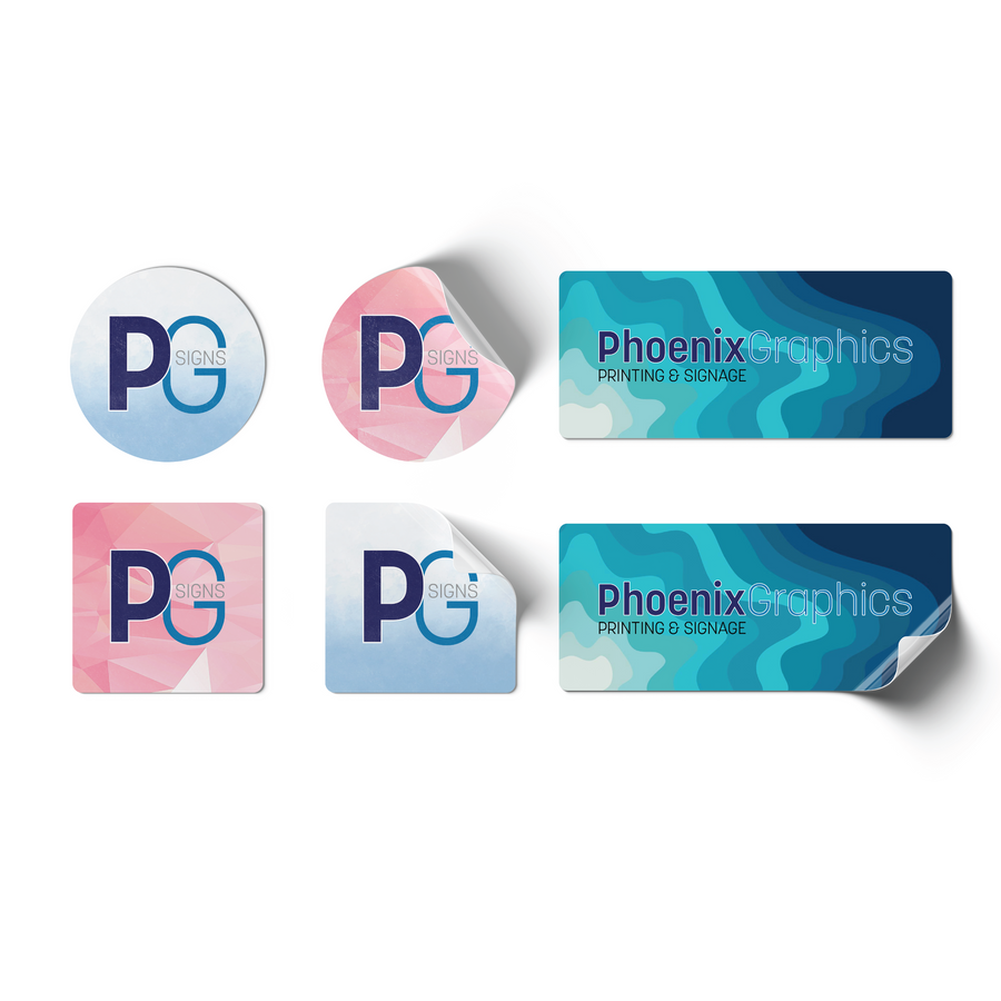 Set of Phoenix Graphics branded stickers on a white background