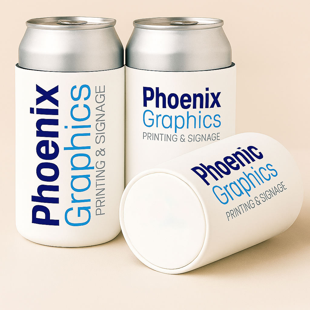 Two silver cans and a white cup with 'Phoenix Graphics Printing & Signage' branding on a beige background.