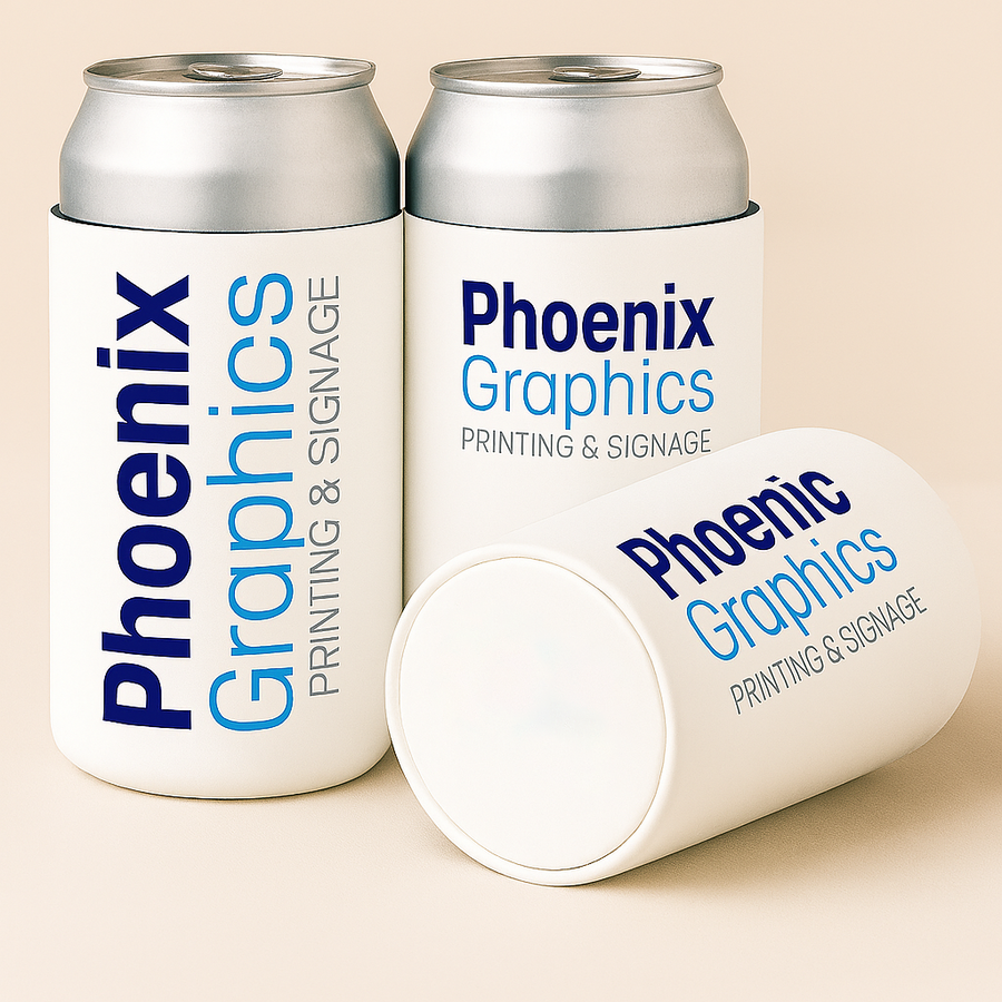 Two silver cans and a white cup with 'Phoenix Graphics Printing & Signage' branding on a beige background.