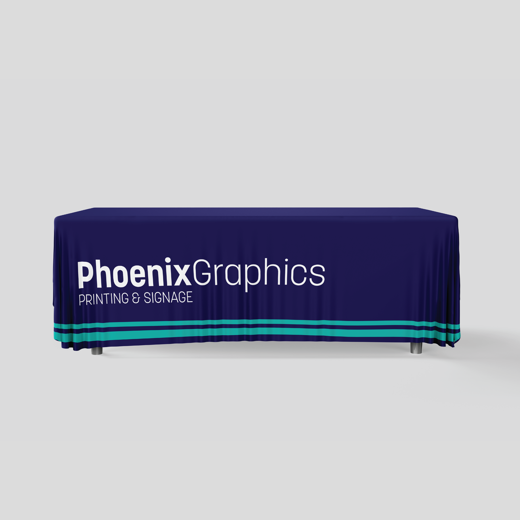 Navy table cover with 'Phoenix Graphics Printing & Signage' logo on a gray background