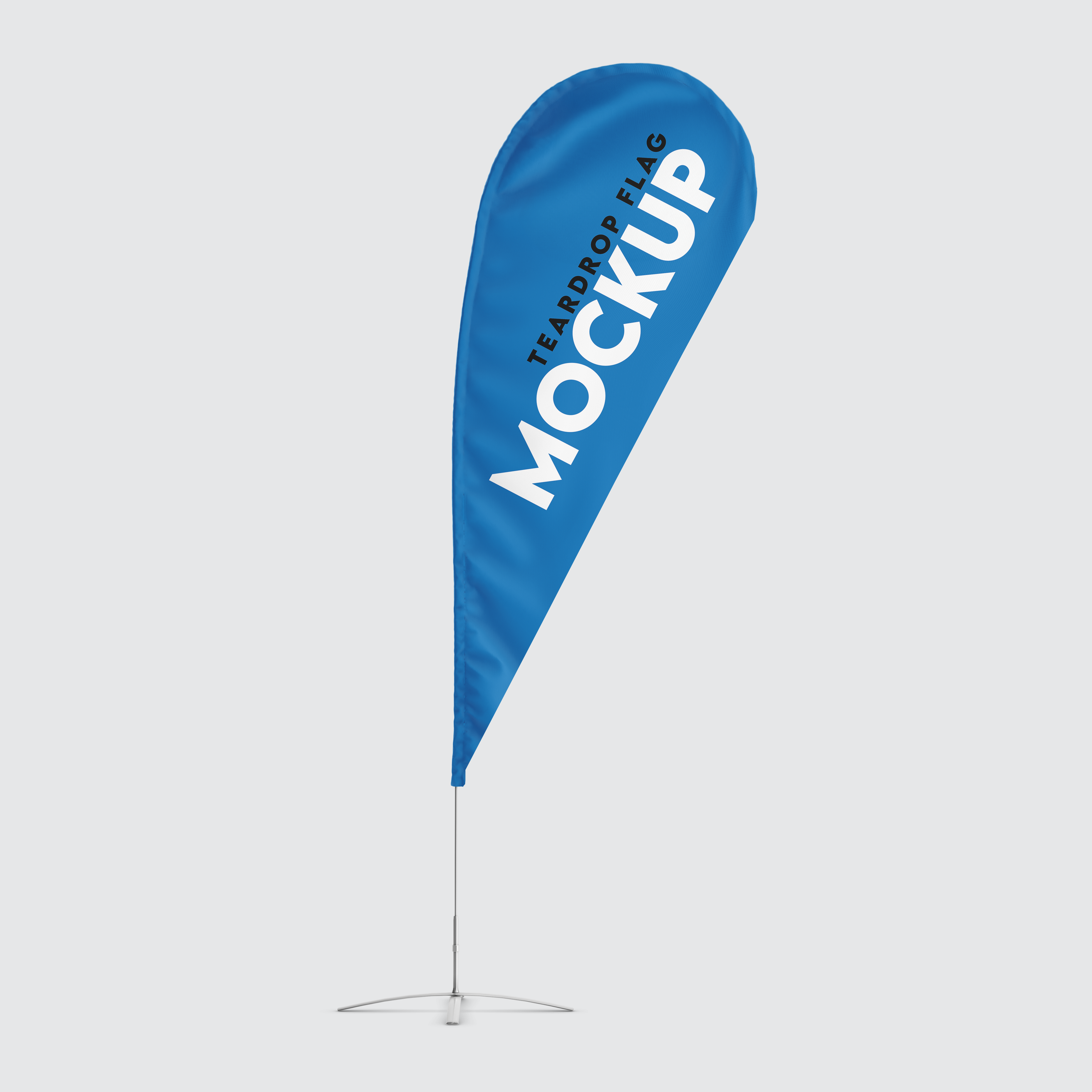 The Teardrop Flag is a blue, teardrop-shaped flag with bold white text on a metal stand, ideal for event signage or displaying custom flags against a light gray background.