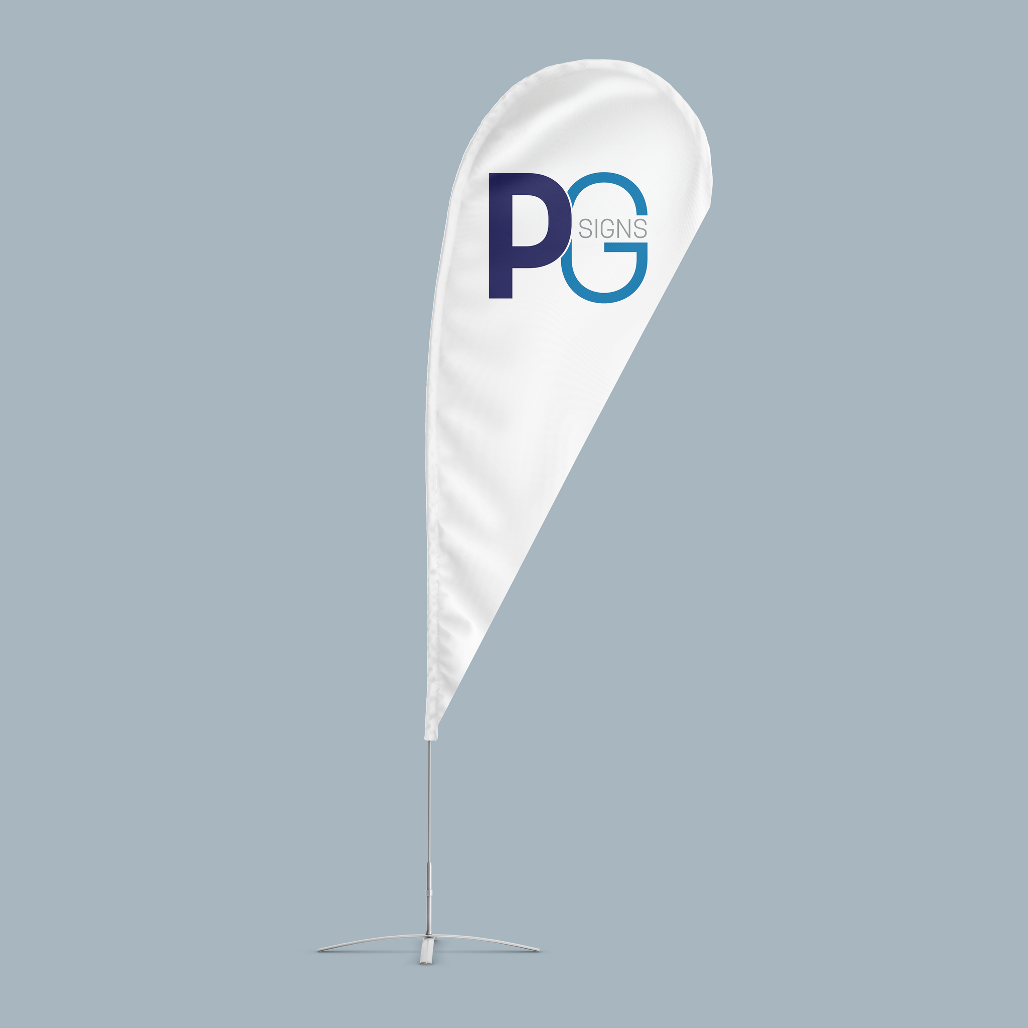 The Teardrop Flag, perfect for event signage, displays the PG SIGNS logo in blue and purple on a white teardrop-shaped banner with a metal base, set against a plain light gray background.