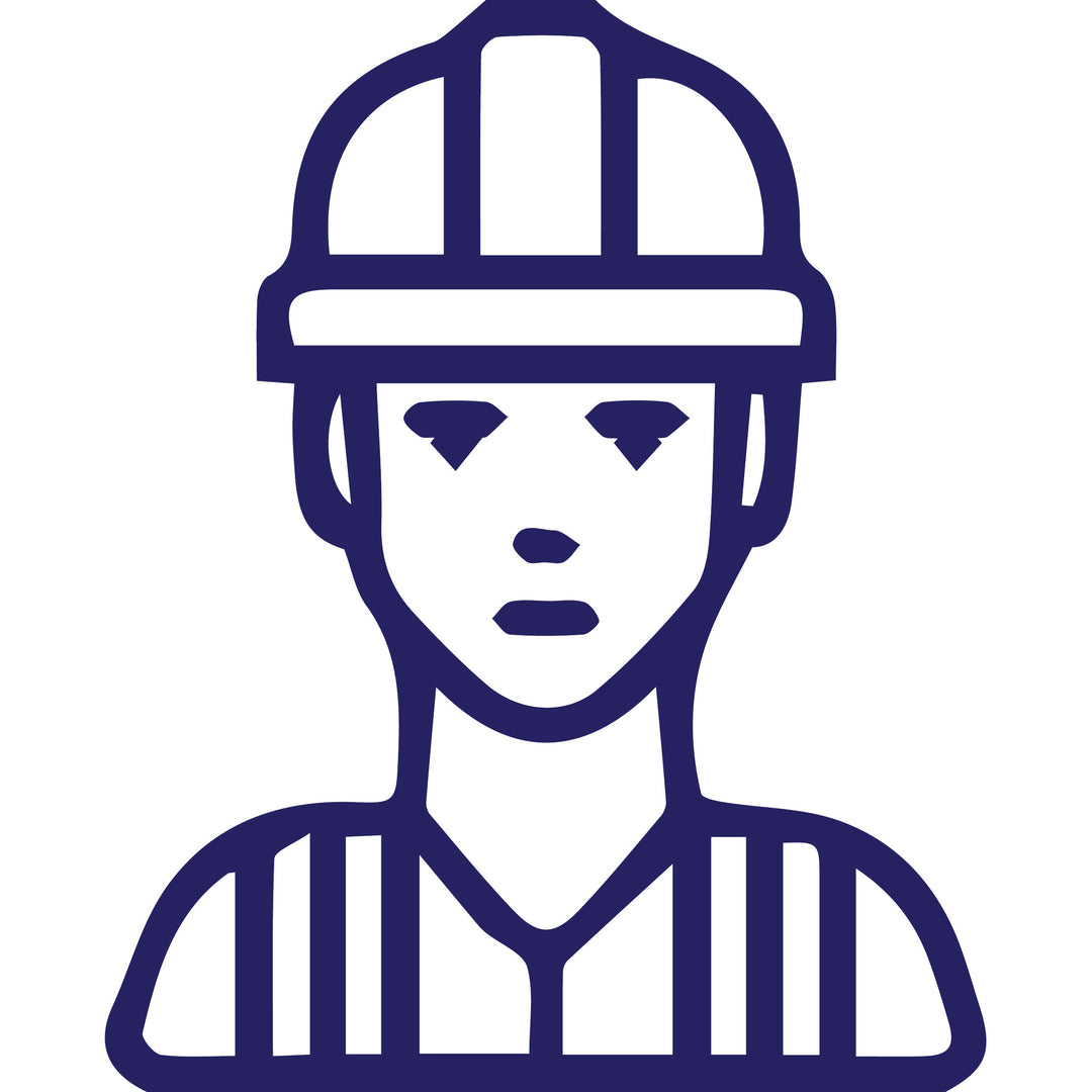 Blue icon of a person wearing a hard hat on a white background