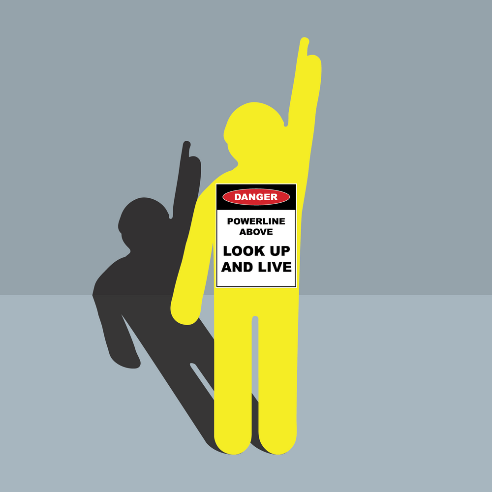 Yellow figure with a powerline warning sign on a gray background