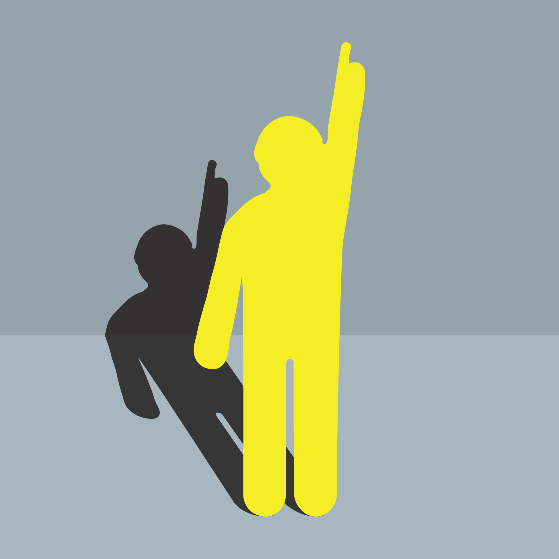 Yellow stick figure with one arm raised casting a black shadow on a gray background