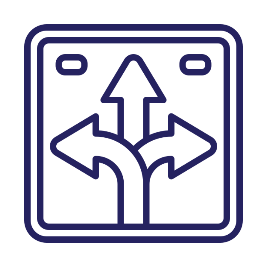 Icon of a road sign with three arrows pointing in different directions on a white background.