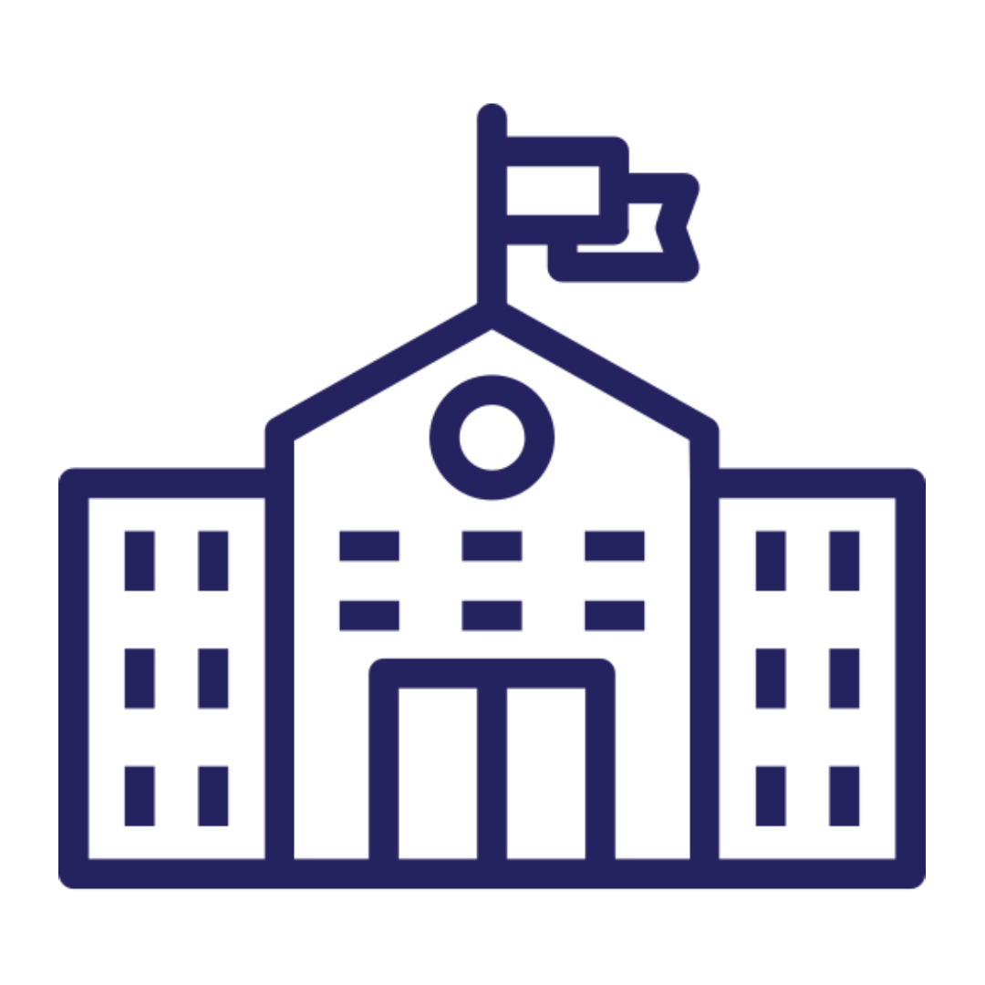 Navy blue icon of a school building with a flag on a white background
